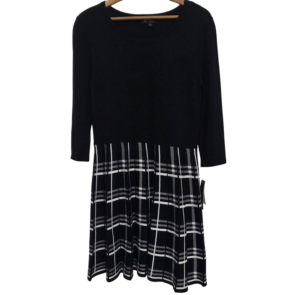 BCX Dress Junior Women's XL Black White Plaid Elevated Sweater Dress 3/4 Sleeve